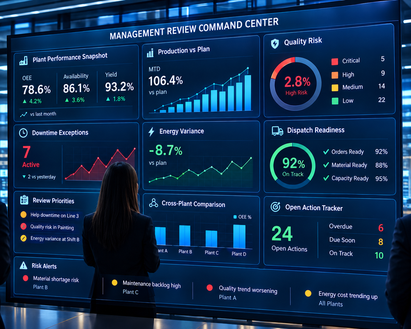Management review command center dashboard with operational charts and risk alerts